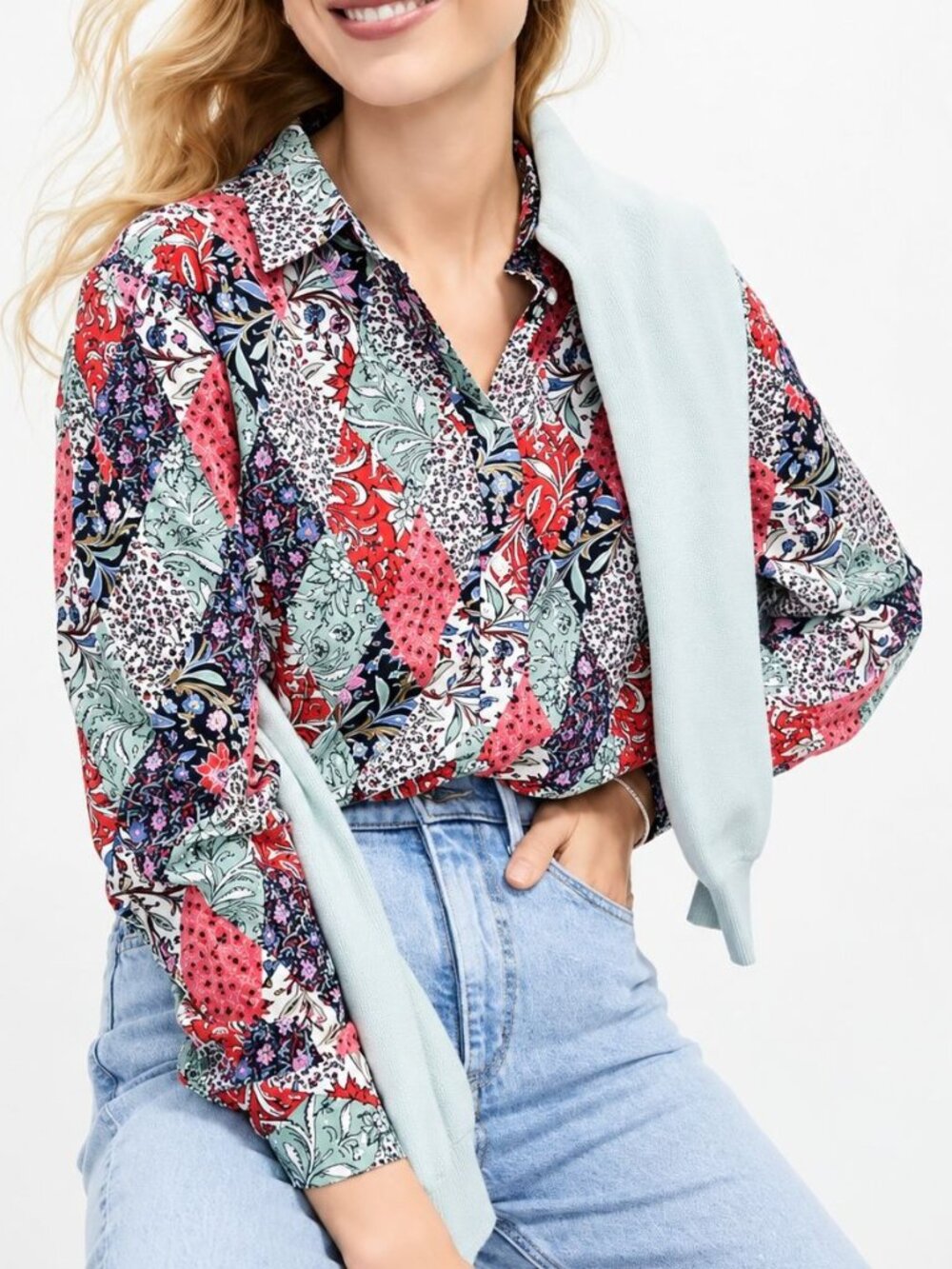 LOFT Bloom Patchwork Floral Button Down Shirt Long Sleeve Blouse M Artsy Retro